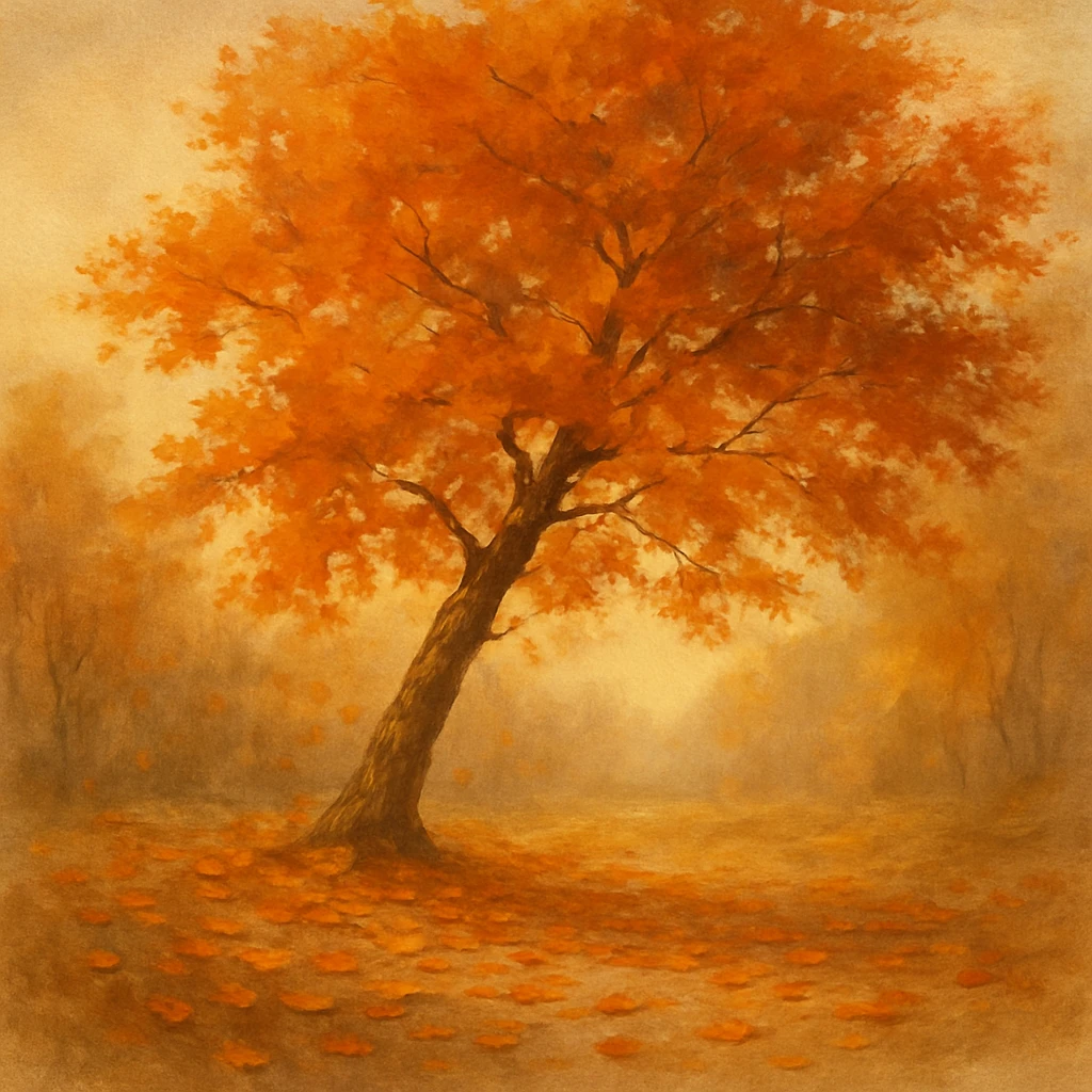 A tranquil autumn scene with a solitary tree, fallen leaves scattered around, and gentle light filtering through branches emoji