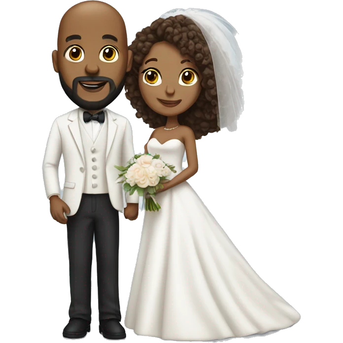 Black bald man with a beard and his wife with long, brown, curly hair on their wedding day emoji