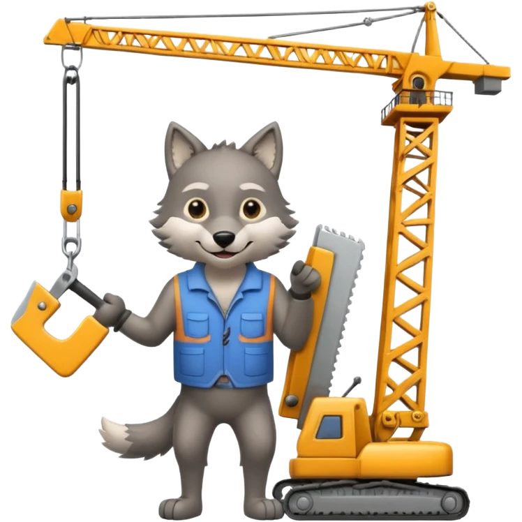  a joyful gray wolf sits on a tower crane and holds a saw in his hands emoji