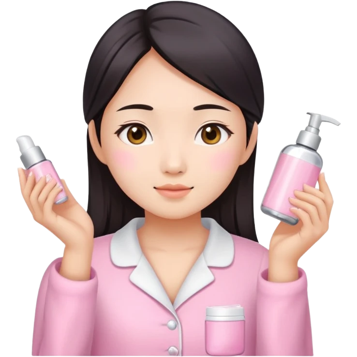 angelic asian girl doing skin care in pink pajamas emoji
