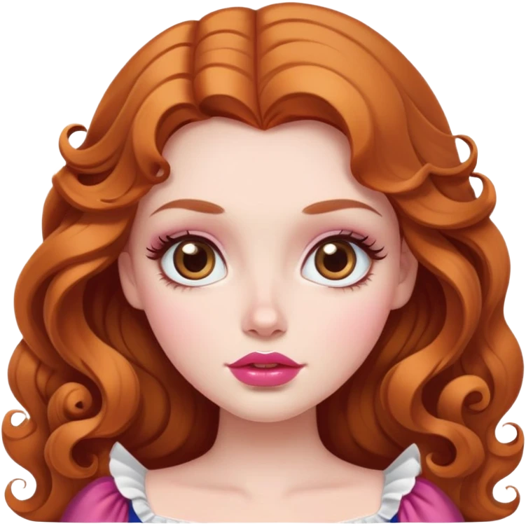 Garota branca como a neve, olhos grandes cor de mel, cílios longos, cabelos ruivos longos e ondulado curvatura 2a, boca média rosada emoji