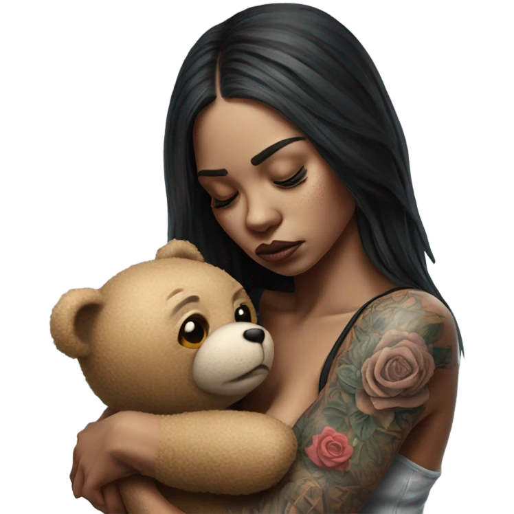 Hyper Realistic Beautiful tattooed woman crying sadly hugging a Teddy bear emoji