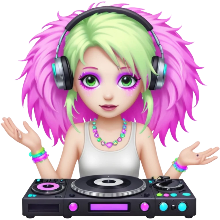  hard-techno-rave-fairy,-holding-a-dj-turntable,-wild-hair,-neon-sparkles,-minimal-background emoji