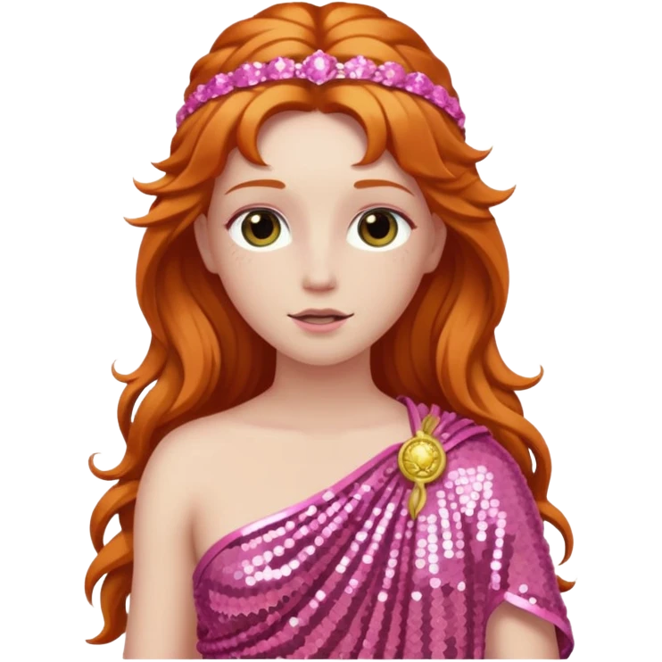 Venus from Roman Deities with long ginger hair, pink sequin toga emoji