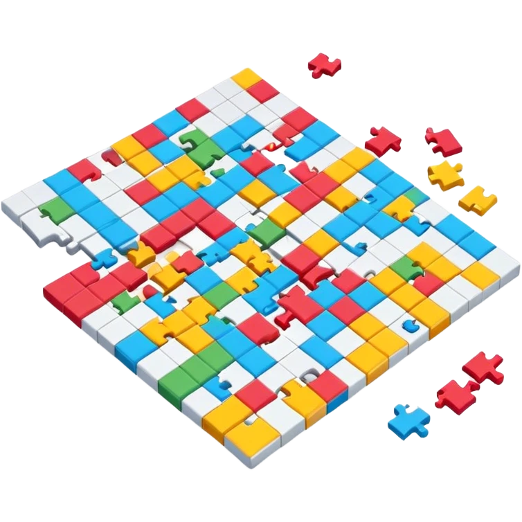 A photorealistic icon with a colorful, fragmented crossword magazine, a 3D puzzle, and a partially completed puzzle on a table. Bright, detailed design with realistic lighting. Transparent background, clearly symbolizing puzzles and brain games. emoji