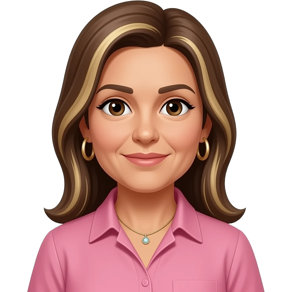 woman in early 50s, italian looking with darker olive skin,with dark brown eyes, long straight brown hair to past the shoulders no layers, with blonde highlights and side parting, all one length. Wearing  a pink shirt with hoop earrings and a necklace.longer hair emoji