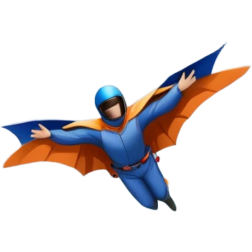 A daring wingsuit athlete soaring between towering mountains, with their wingsuit fully stretched, cutting through the air at high speed. The background features dramatic cliffs and a vast sky, emphasizing the thrill and freedom of base jumping. emoji