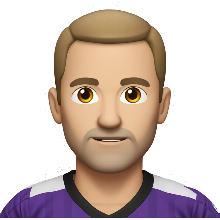 white 45-year-old man, slightly round face. very short hairs, almost shaved, a small central crest. hairline is slightly receding, sparse hair around the temples. brown eyes unshaven, small stubble beard. black and purple soccer jersey.  emoji
