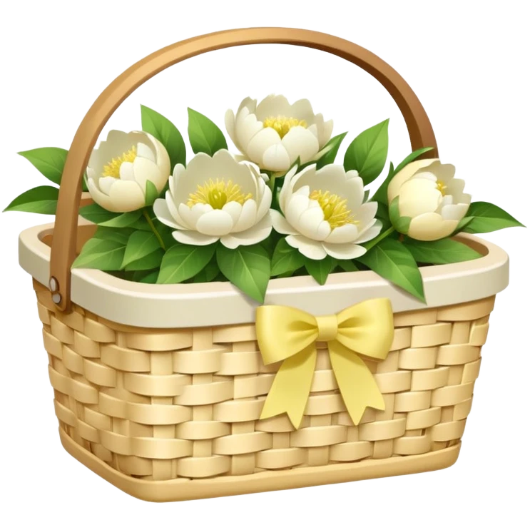 White Picnic basket with pastel yellow bow and white peonies inside emoji
