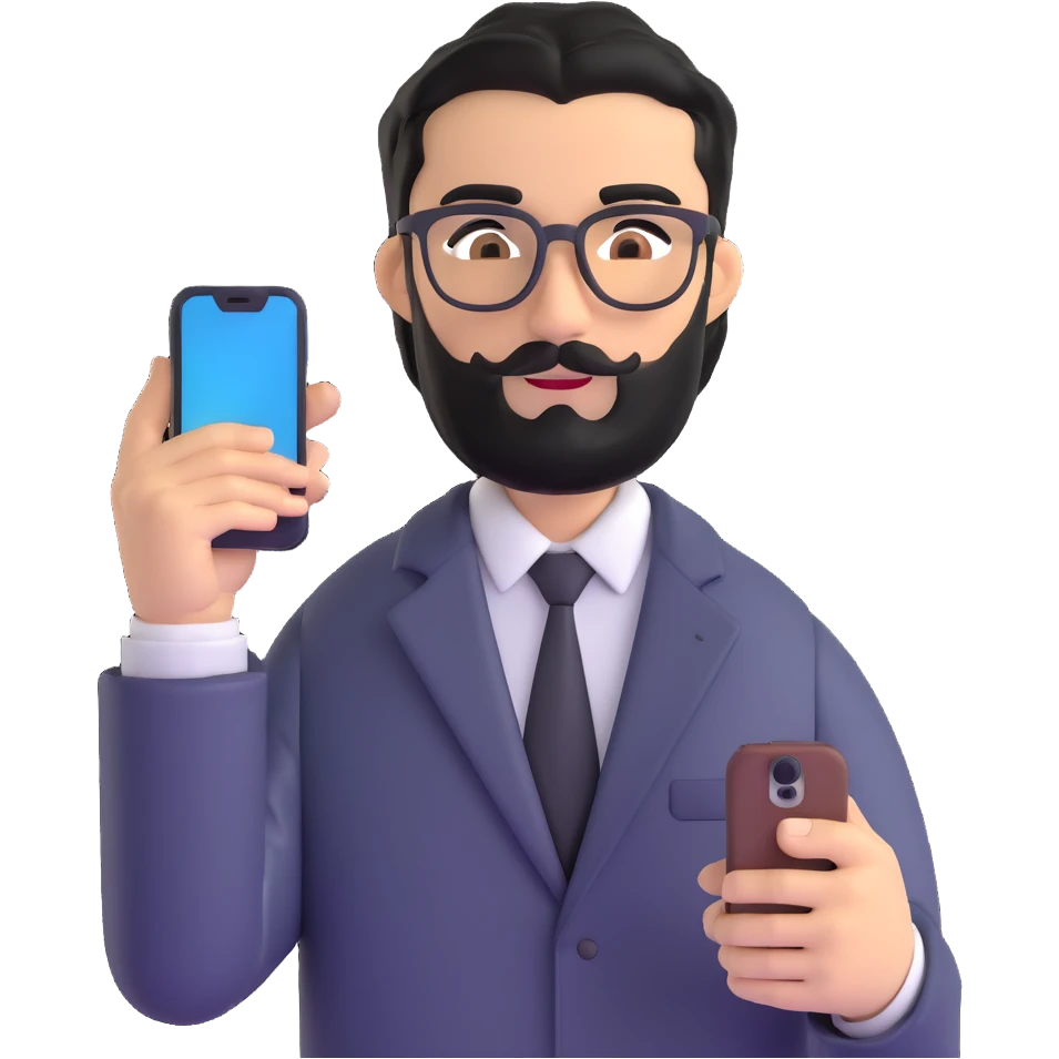 polished standing pose of professional man with medium black beard, black hair styled and combed to one side, connected unibrow, olive tan skin, brown eyes, glasses, prominent nose, dressed in formal black jacket, prominently displaying mobile phone in hand emoji