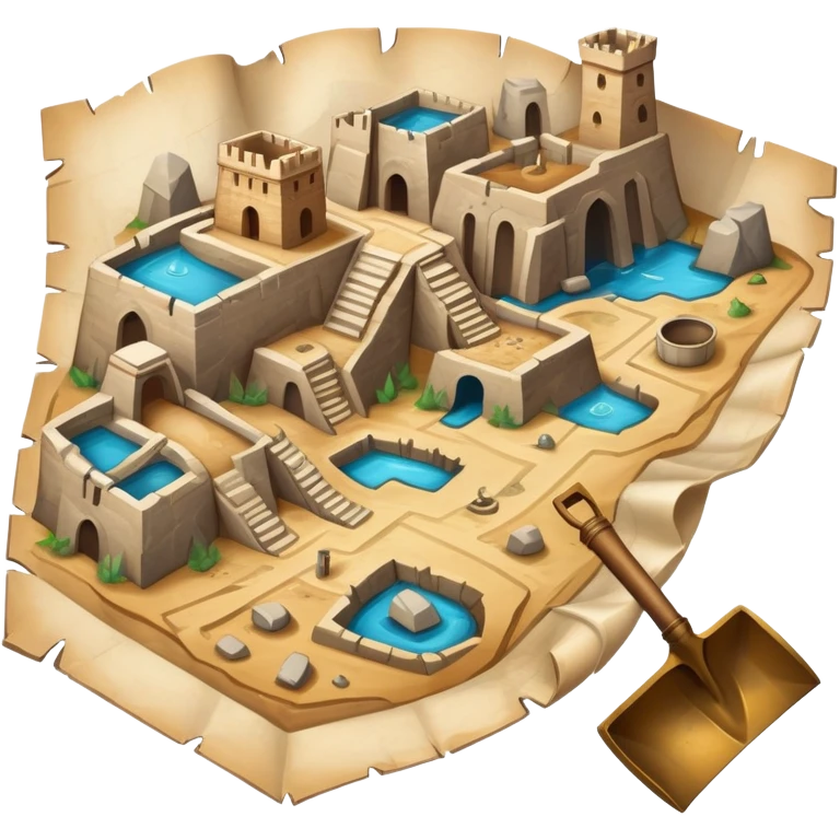 An icon showing an ancient city excavation site with uncovered ancient vessels, an old map, and a shovel. The design captures the thrill of uncovering historical treasures and ruins. Transparent background highlights the excitement of archaeological discovery. emoji