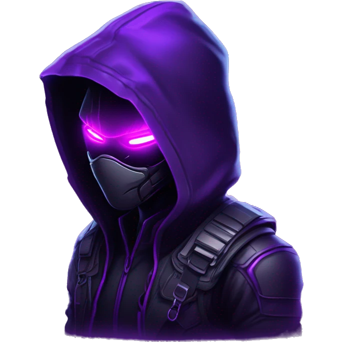 Hacker behind his laptop with this style : crysis Cyberpunk Valorant neon glowing bright purple character purple violet black hooded assassin themed character emoji