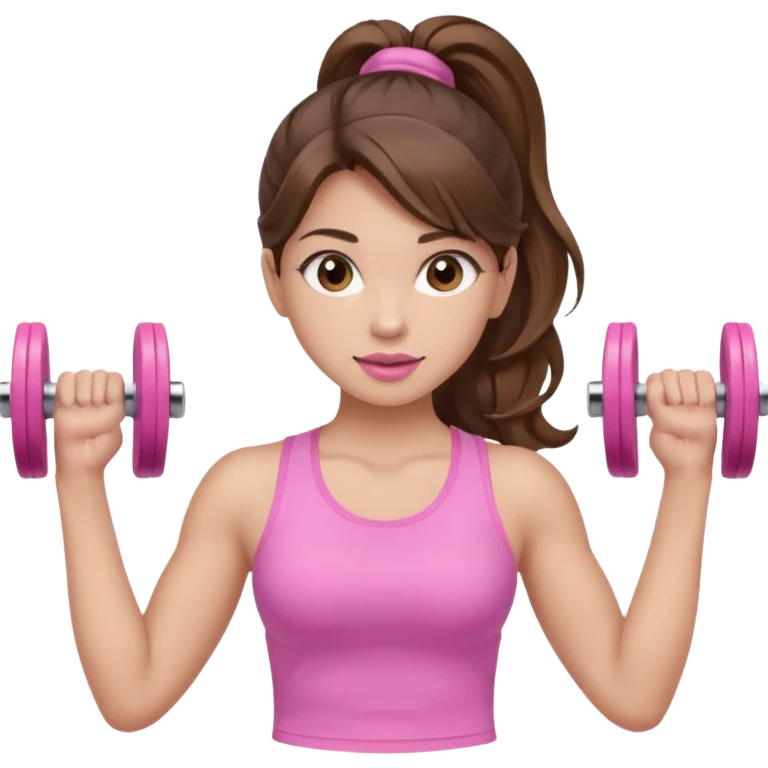girl with wavy long ponytail brown hair, brown eyes, light to medium complexion, long lashes, light pink lipstick, wearing light pink shirt, lifting pink dumbbells in a sports top emoji