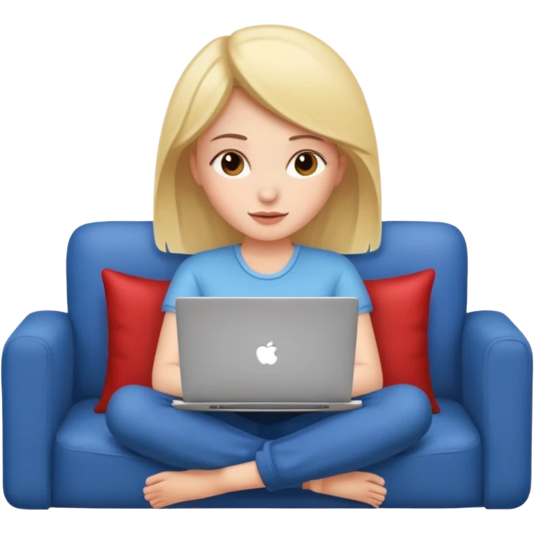 A girl is working with a laptop while lying on the sofa emoji
