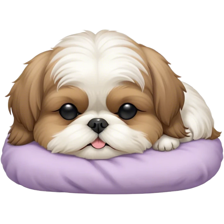 Meme-Worthy Cute Sleeping Shih Tzu Portrait Emoji, Head resting peacefully with a tender, contented smile and eyes delicately closed in serene slumber, showcasing a luxuriously fluffy fur in soft pastel tones, simplified yet irresistibly adorable, highly detailed, glowing with a warm, drowsy radiance, high shine, exuding calm, cozy charm, styled with a gentle, soft glowing outline, capturing the essence of a sleeping Shih Tzu that radiates utterly adorable, sleepy bliss! emoji
