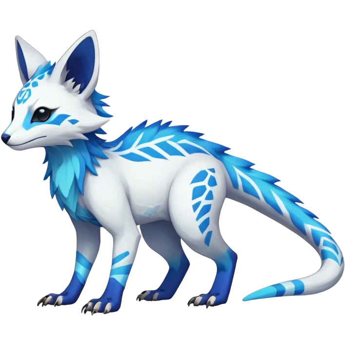 Rare realistic exotic edgy white and neon-blue epic pretty beautiful handsome gorgeous aesthetic colorful vibrant Vernid-Trico-species-Fakemon-creature by LiLaiRa, 4 legs, 1 tail, random markings, (full body) emoji