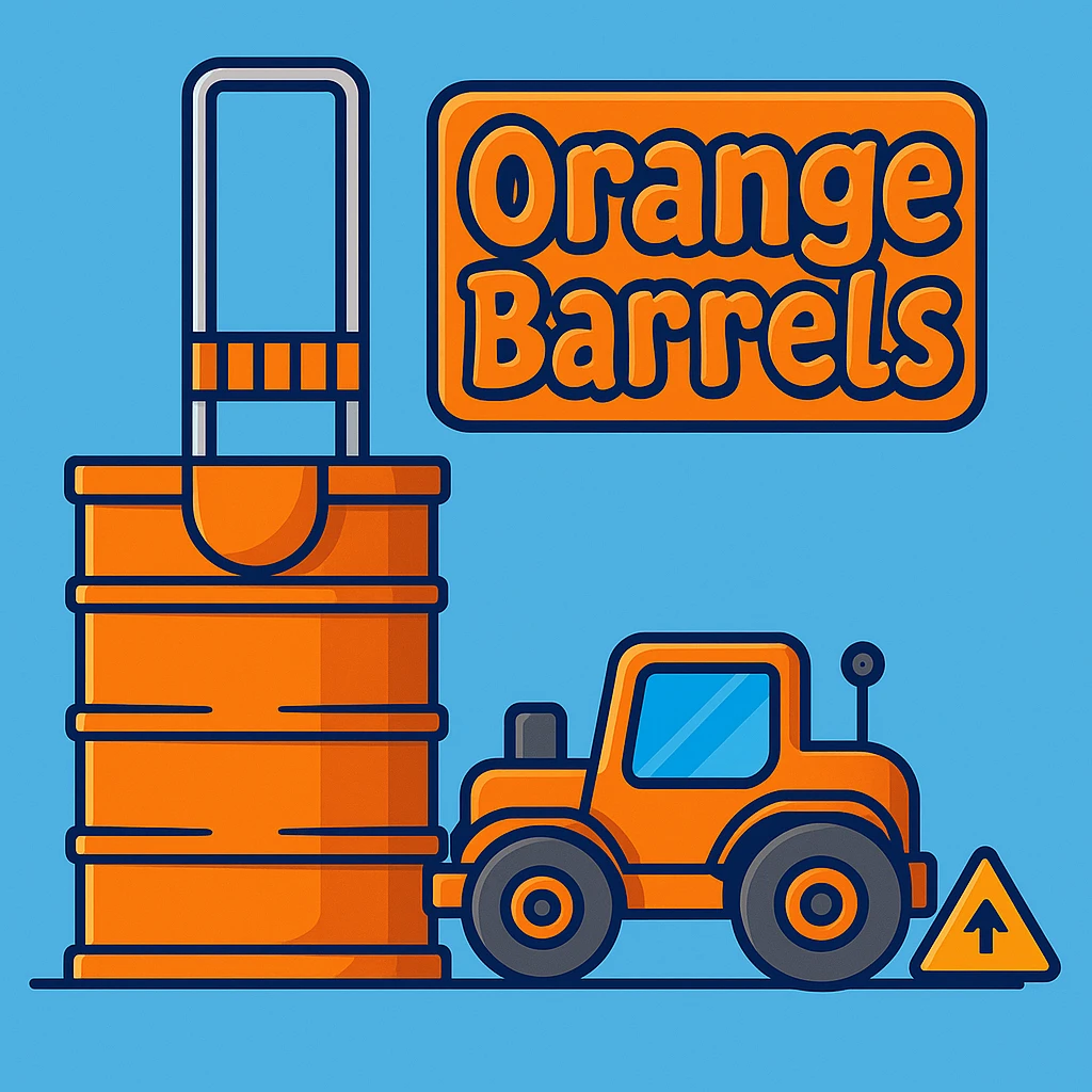 Add a sign next to the orange road construction barrel that says 'Orange Barrels' in a playful cartoon font. Keep the bright, fun background. emoji