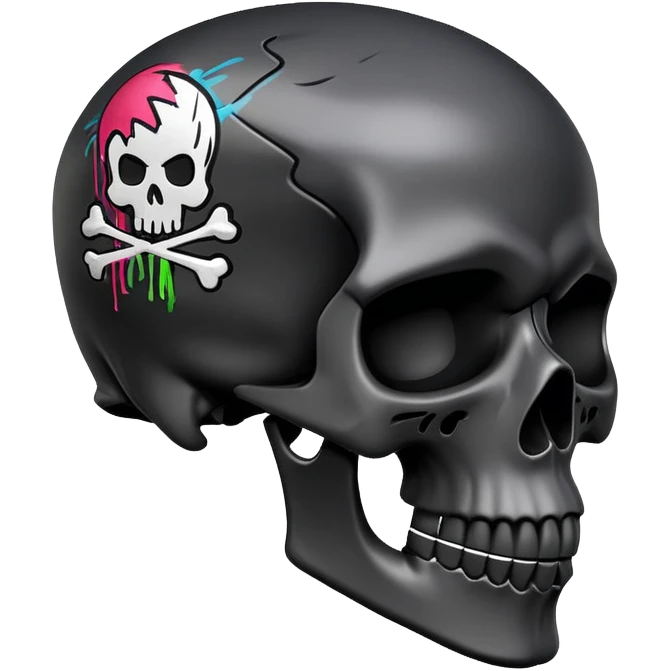smooth black skull with graffiti brand logos, side view emoji