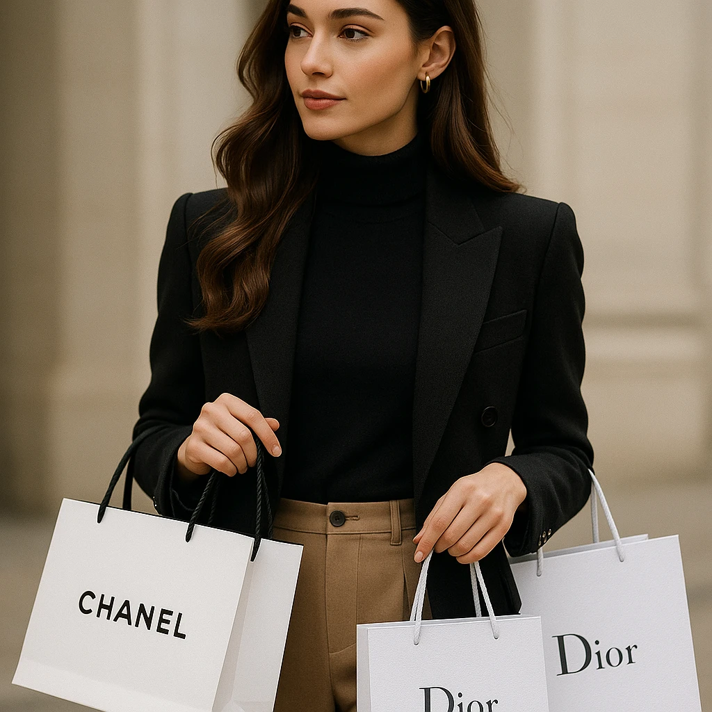 A classy girl carrying Chanel and Dior shopping bags, wearing trendy clothes, sophisticated and graceful. emoji