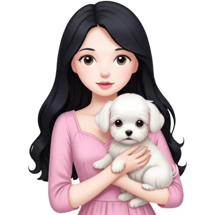 beautiful girl with long black hair wearing pink dress holding a white Maltese puppy emoji