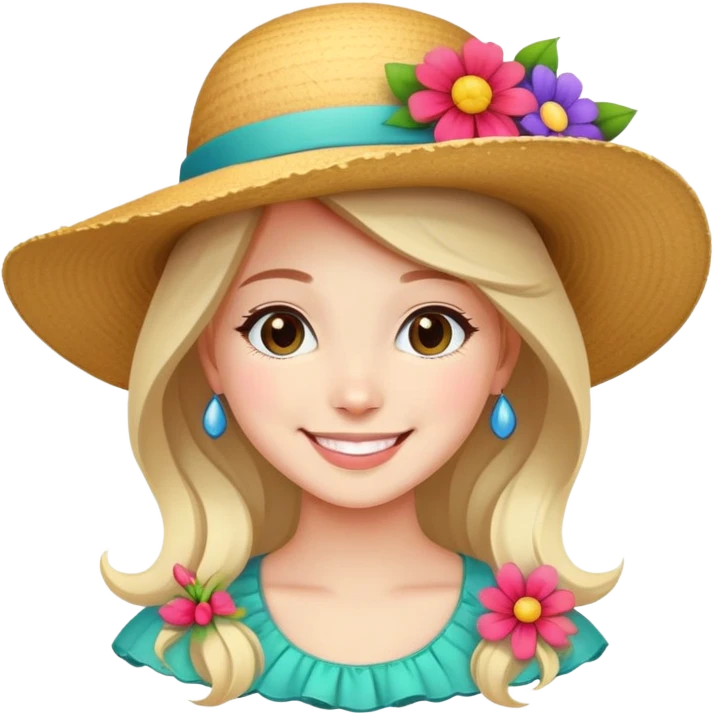 girl with a fancy wide-brimmed hat with flowers, happy face emoji