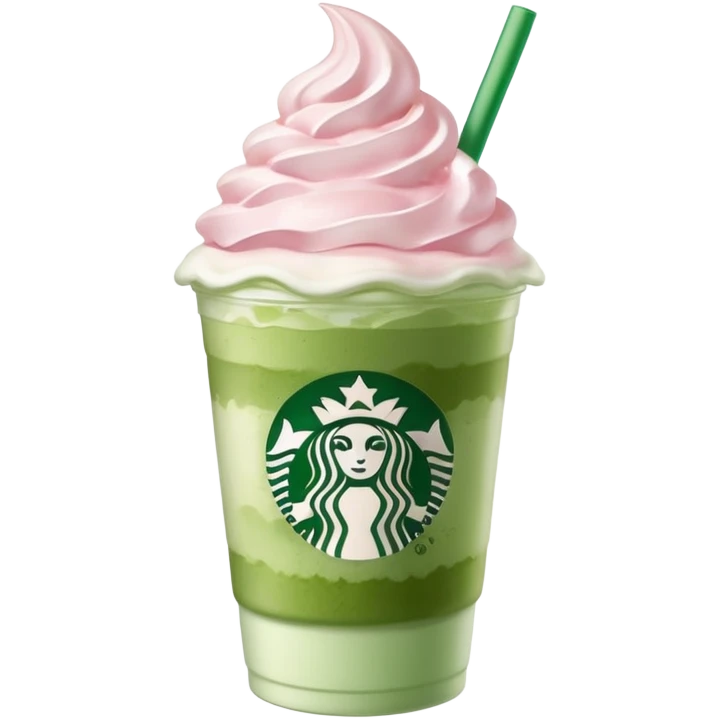 Clear Starbucks cup, no logo, with light pink drink, matcha foam, and whip cream on top emoji