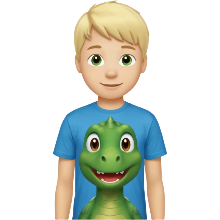 A smiling blond boy with blue eyes wearing a green dinosaur T-shirt emoji