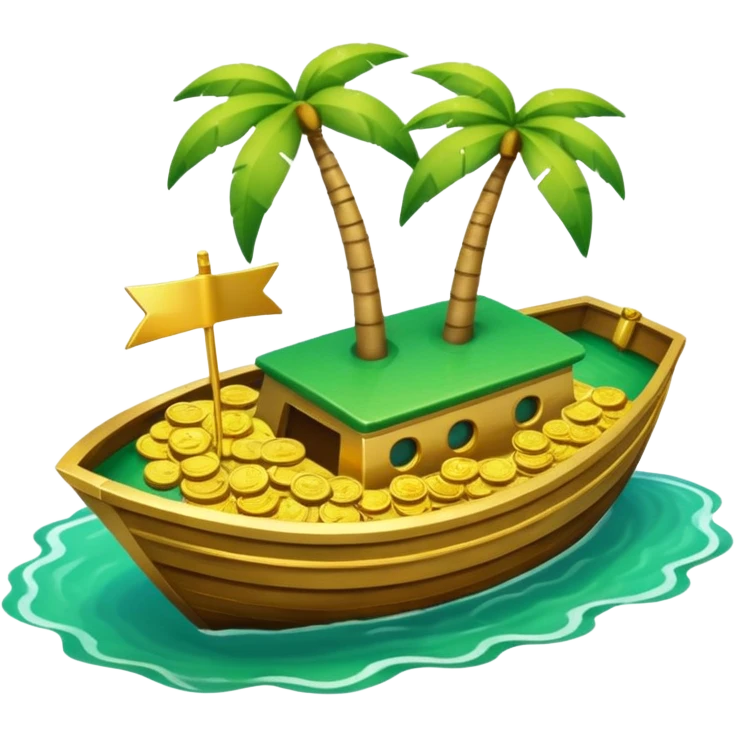 emoji of gold coins on the boat in the sea and an island on the background emoji
