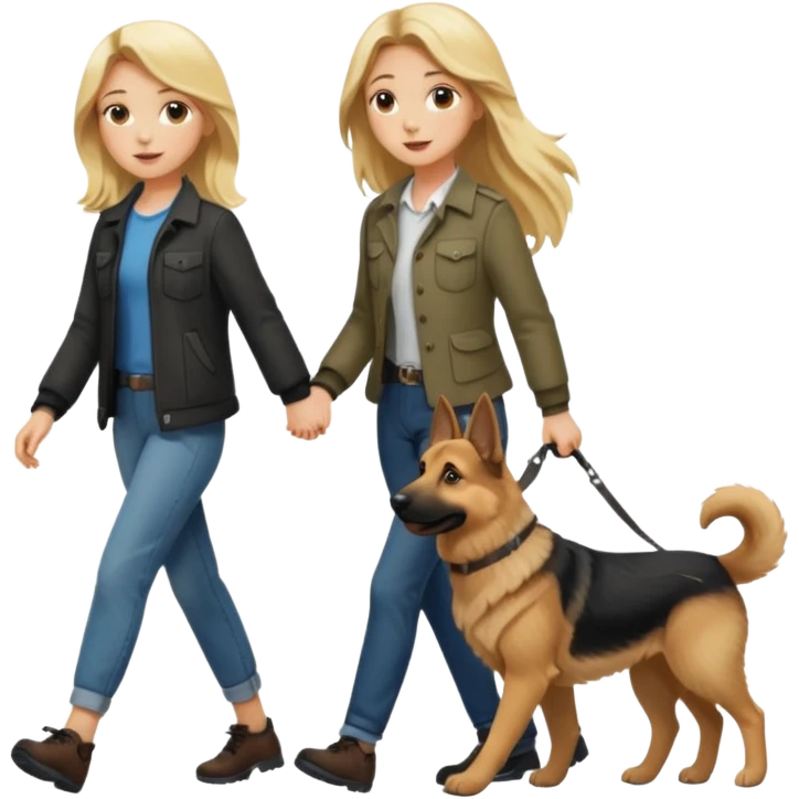A blonde girl with long hair walking a German Shepherd emoji