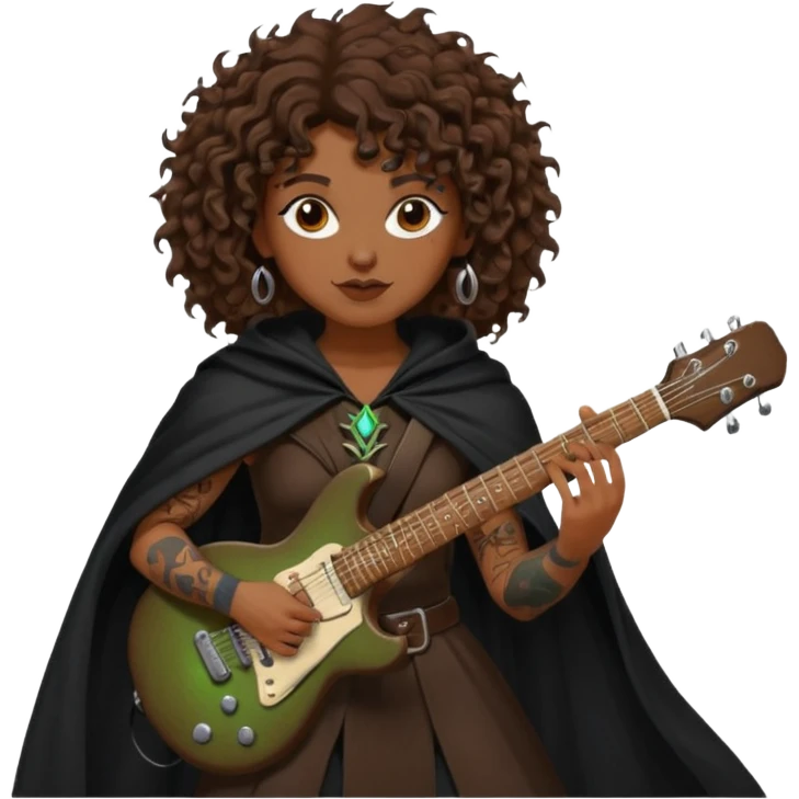 Brown eyes, brown hair curly forest witch playing electric guitar sexual with tattoos emoji