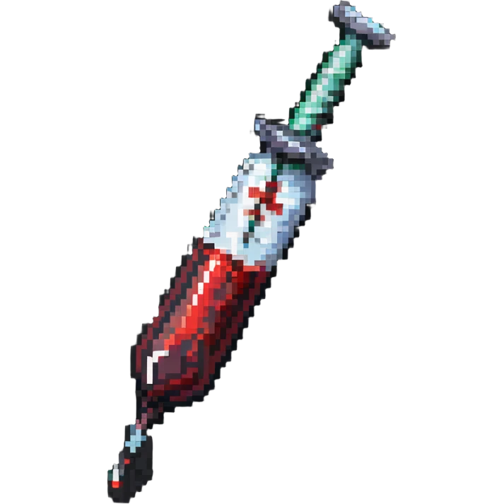 angled syringe with a drop of blood at the tip in pixel art style emoji
