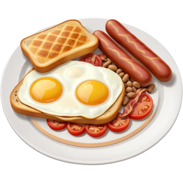 full English breakfast with eggs, bacon, sausage, beans, toast, and tomato on a white plate emoji