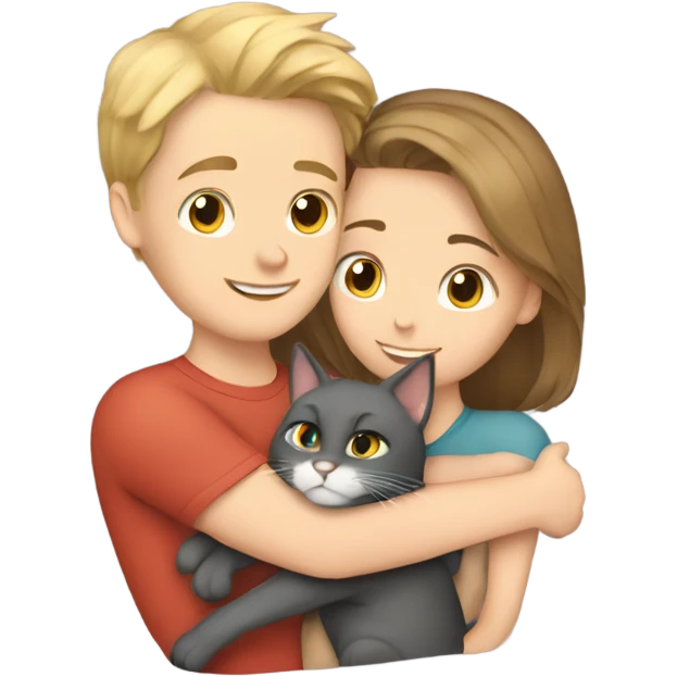 White girl and boy hugging their cat emoji