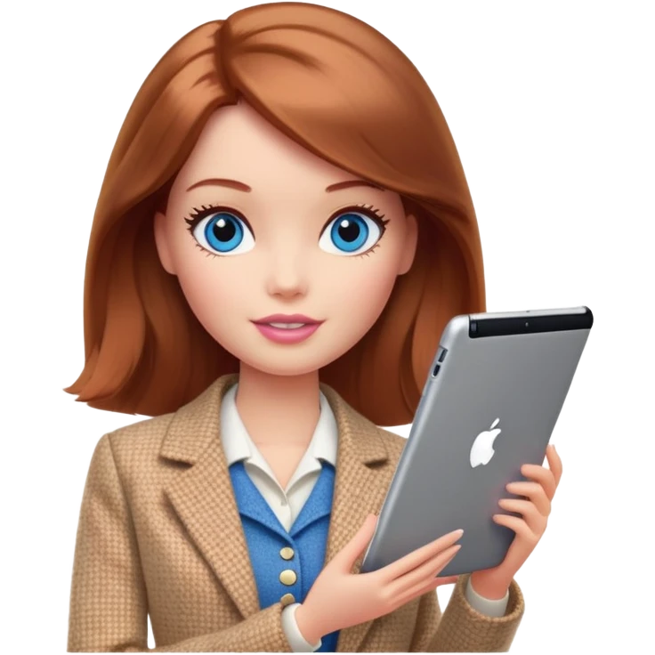 A Barbie girl with blue eyes, shoulder-length reddish-brown hair, made-up, wearing a beige tweed jacket and a beige skirt,  with a iPad emoji