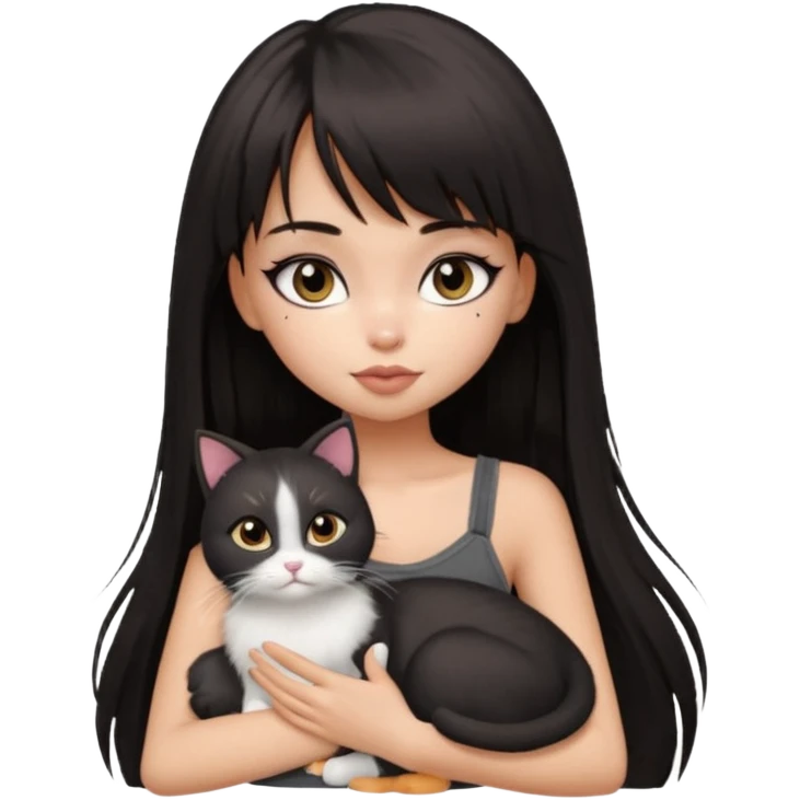 generate a pretty bratz girl in black cami top, dark brown straight long hair with bangs, eyeliner on, cuddling a cat emoji