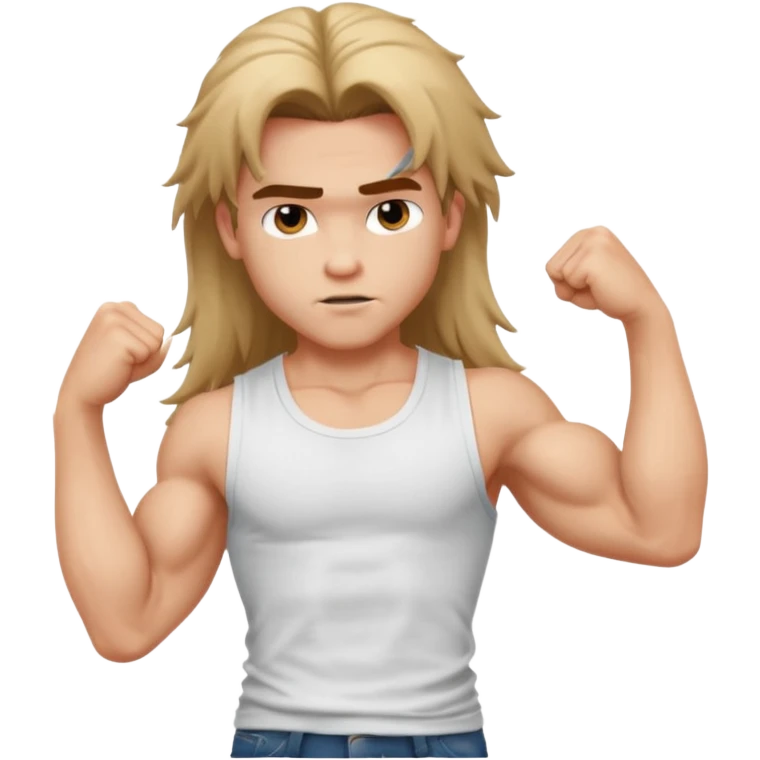 generate a pretty bratz boy with messy long mullet hair, sleeveless white tshirt, big biceps emoji