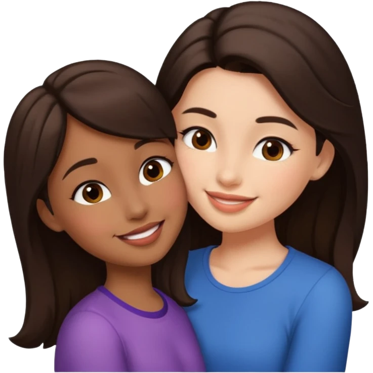A girl kisses her friend The girls' hair color is dark brown.  emoji
