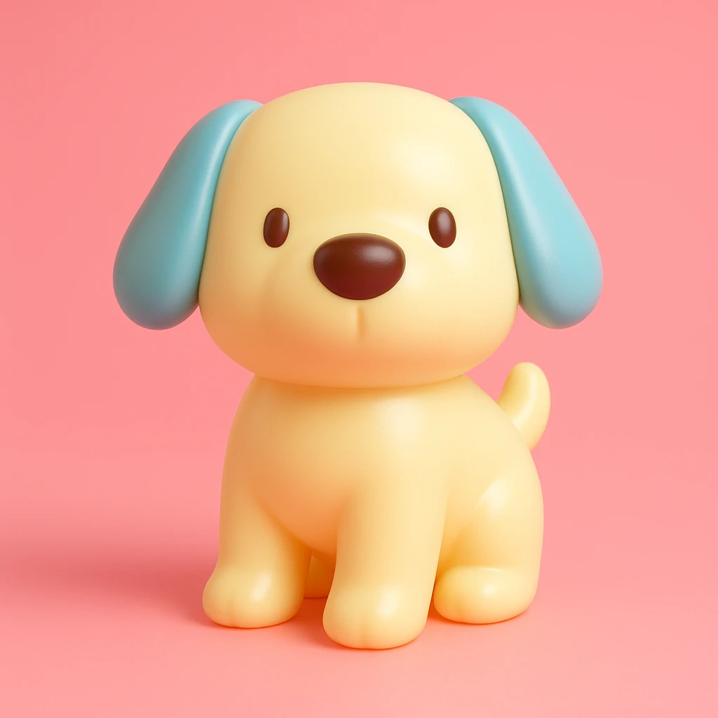               Transform {subject} into a soft vinyl figure with a smooth, glossy surface. The material should look slightly rubbery and tactile, with minimalistic curves and a matte-gloss hybrid finish. Use pastel or soft solid colors. The surface is seamless, with no visible textures or roughness. Studio lighting, vibrant background, clean, playful, designer toy aesthetic. {subject} = dog emoji