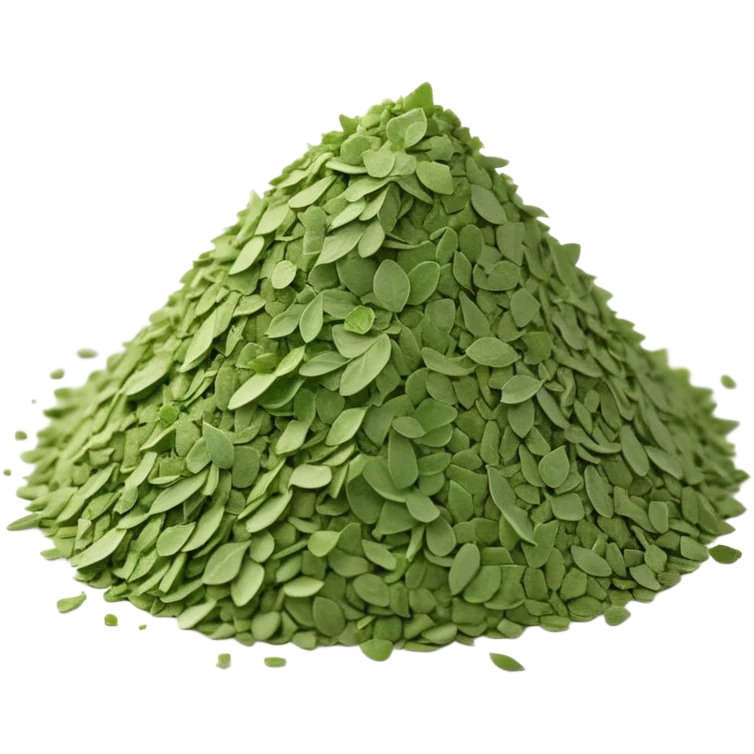 small irregular mound of finely crumbled green herb flakes, dusty uneven texture, natural color variation from sage to dark green, airy light appearance, apple emoji style, soft lighting, subtle shadows, emoji scale emoji