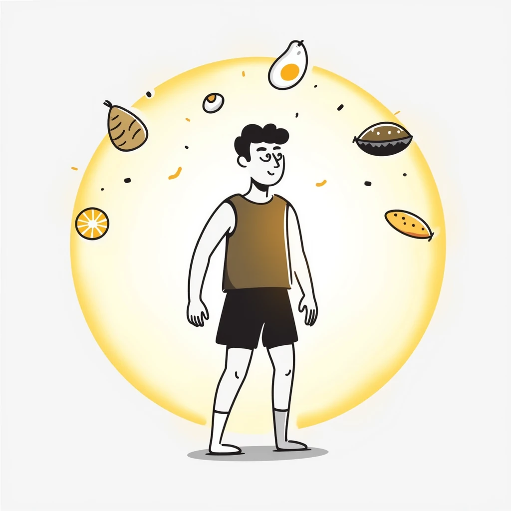 A warm glowing orb with food icons (meat, egg, beans, tofu, yogurt) orbiting around a semi-transparent muscular human body. The body is illuminated from within, with subtle muscle fibers that vibrate and expand. emoji