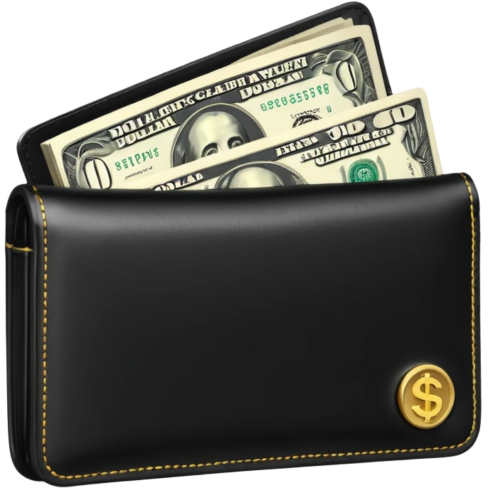 Rich emoji style black leather wallet with dollar bills, luxury money vibe, premium 3D emoji, ultra clean, high detail, no background
 emoji