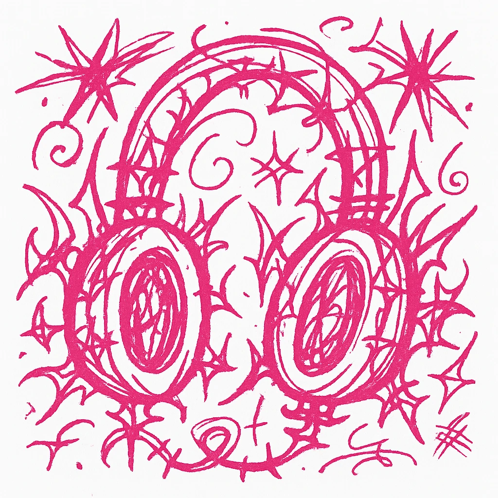 pink gothic headphones with wild gothic shapes and expressive lines, chaotic doodle style emoji