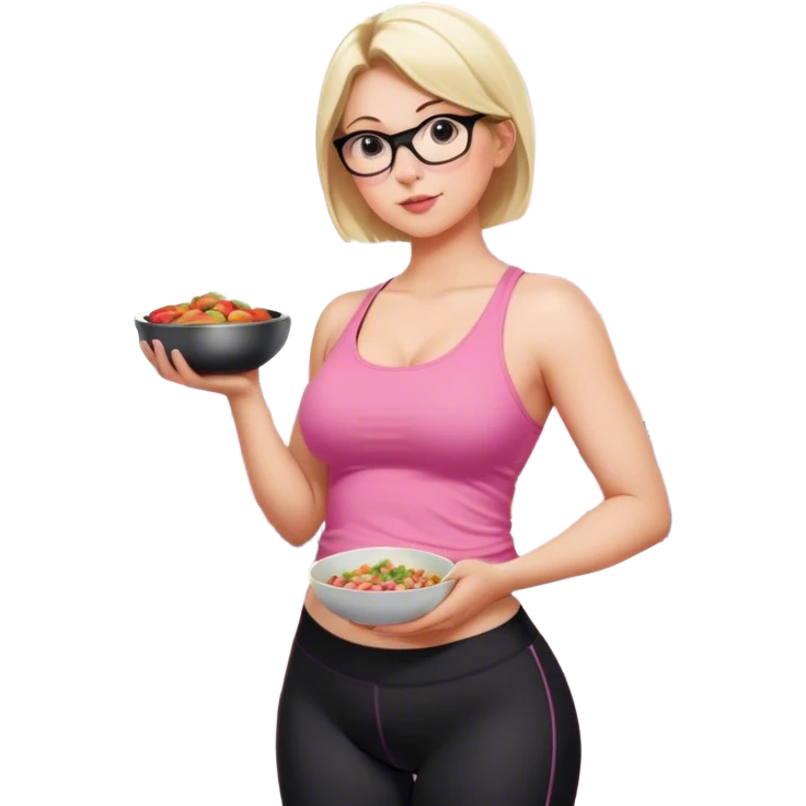 View from knees up, view from the back, fair skinned woman, curvy, short blond hair, small reading glasses, cooking dinner in kitchen, pink loose tank top, showing natural B cup breast shape SFW, black yoga pants, large curvy booty emoji