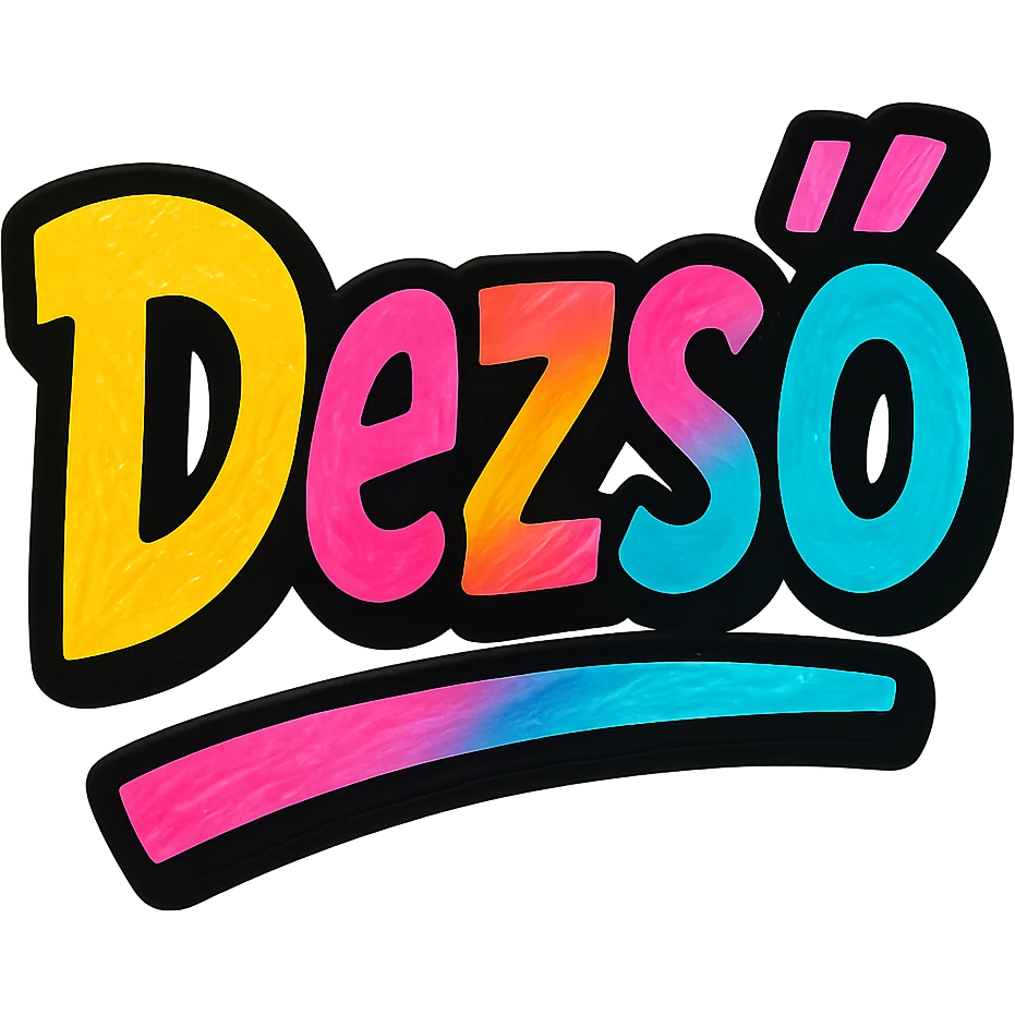 Dezső name in modern colorful gradient font with dark outline, dynamic slanted or partial underline, in the style of reference patterns emoji