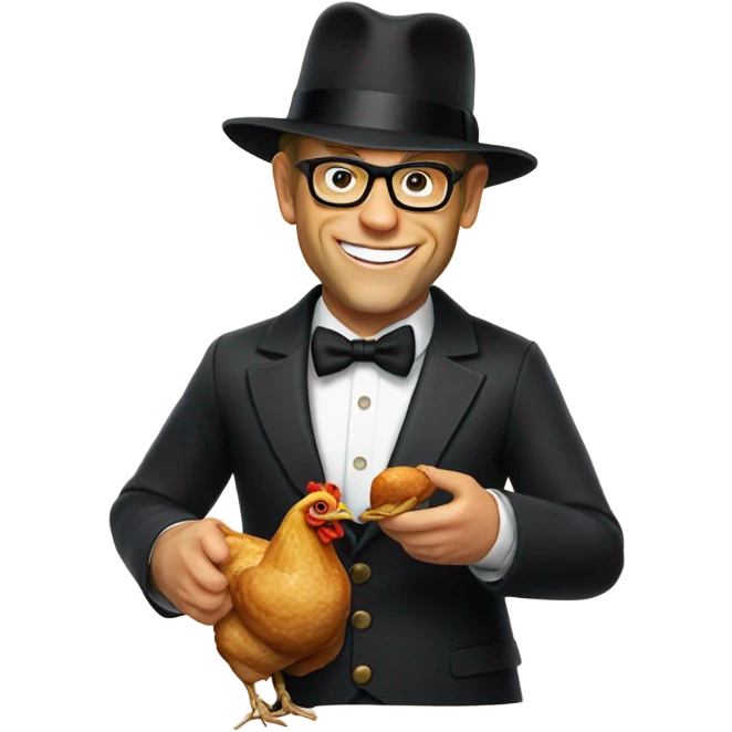 Alton brown wearing black bowler hat eating a roasted chicken emoji