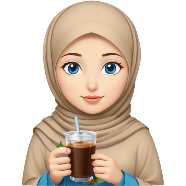 Turkish beautiful finish Konya girl blue eyes with beige hijab islamic dress and had on her hand Rose Cold brew coffee   emoji