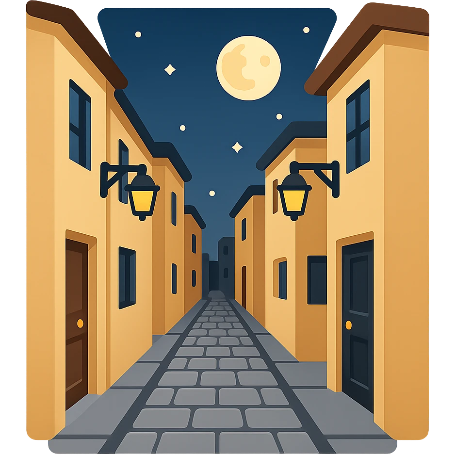 Create a narrow alleyway scene with simple building designs at nighttime in emoji style. Remove any frame or border shape so only the alleyway and buildings remain. The style should reflect the emoji look but use the general editor as emoji style does not support editing directly. emoji