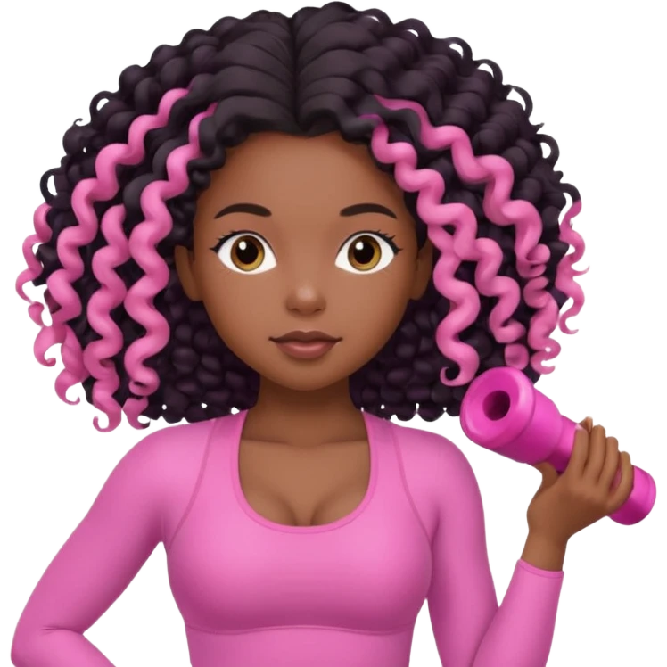 black birthday girl long hair, blow out curls, pink pilates outfit emoji