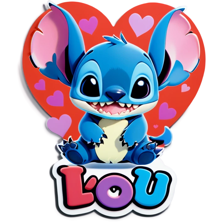 The character stitch with kittens all around him and hearts with the text that reads. I love you. emoji