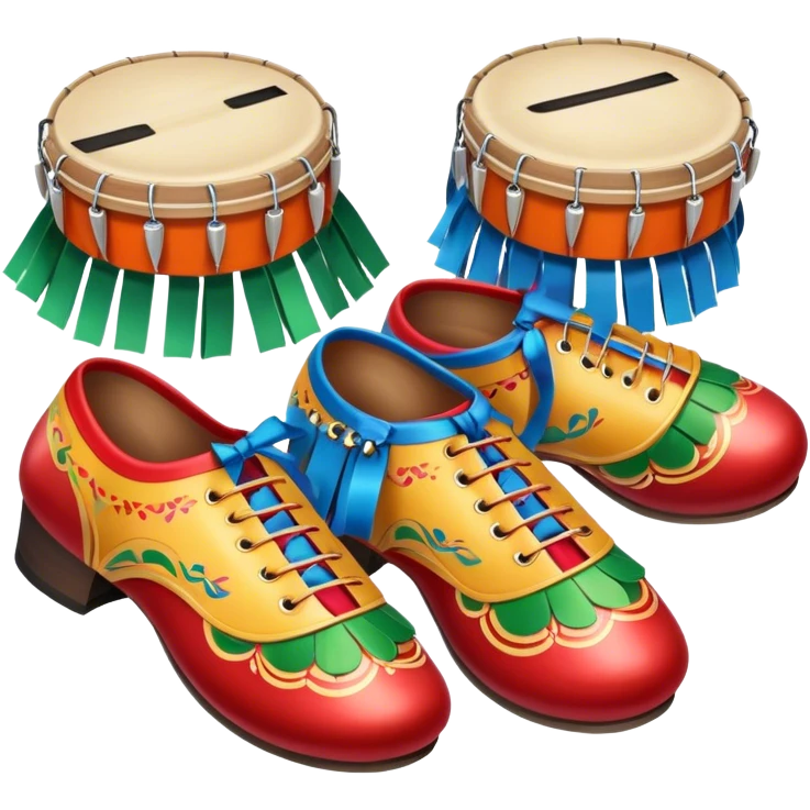 Icon for Folk Dance: close-up traditional dance shoes, colorful folk costumes, and a dance circle with ribbons and musical instruments like a tambourine or accordion. The icon should represent the vibrant and cultural aspects of folk dancing. Transparent background. emoji